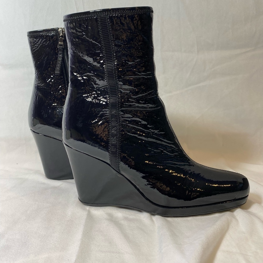 Prada Black Patent Leather Wedge Boots